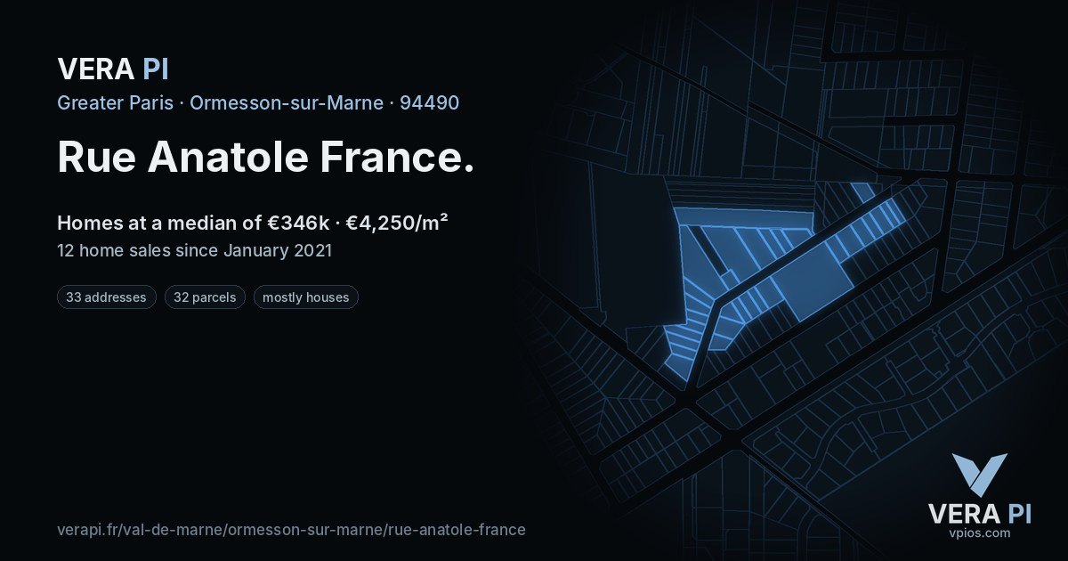 Rue Anatole France, Ormesson-sur-Marne at night – every parcel coloured by the prices around it, the street's own parcels lit