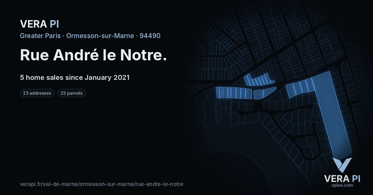 Rue André le Notre, Ormesson-sur-Marne at night – every parcel coloured by the prices around it, the street's own parcels lit