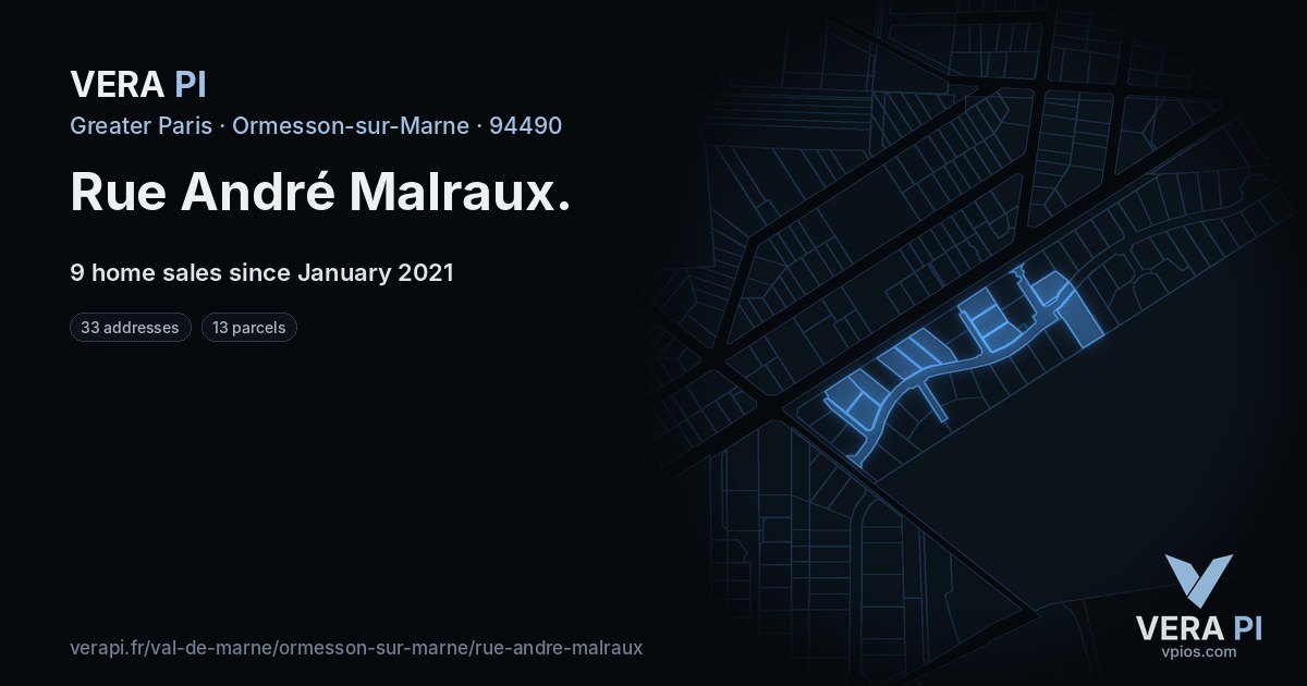 Rue André Malraux, Ormesson-sur-Marne at night – every parcel coloured by the prices around it, the street's own parcels lit