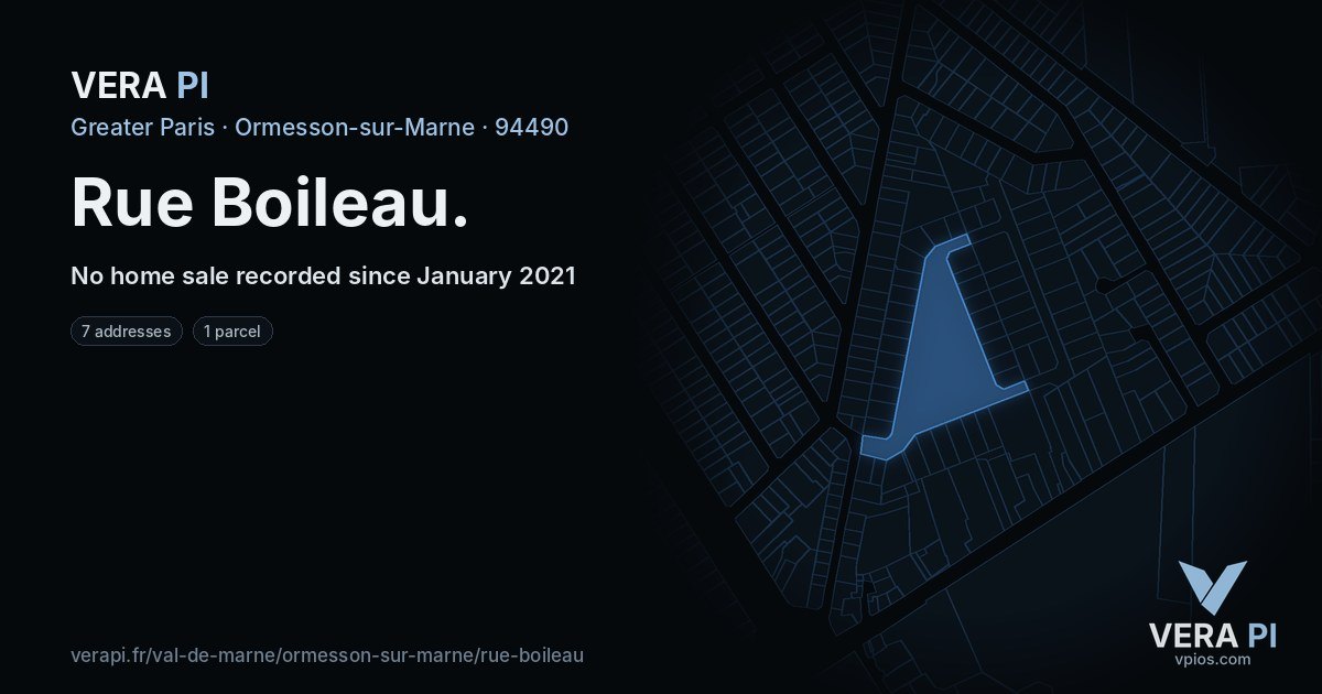 Rue Boileau, Ormesson-sur-Marne at night – every parcel coloured by the prices around it, the street's own parcels lit