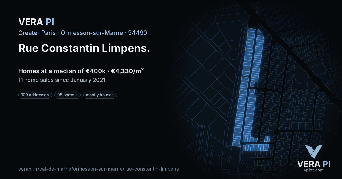 Rue Constantin Limpens, Ormesson-sur-Marne at night – every parcel coloured by the prices around it, the street's own parcels lit