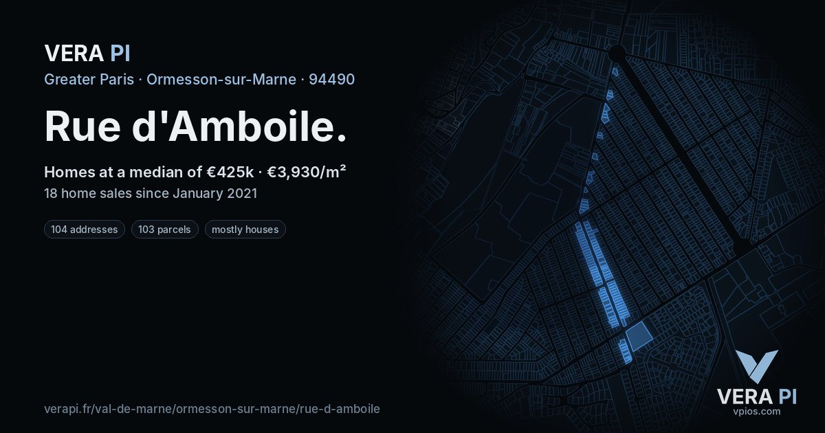 Rue d'Amboile, Ormesson-sur-Marne at night – every parcel coloured by the prices around it, the street's own parcels lit