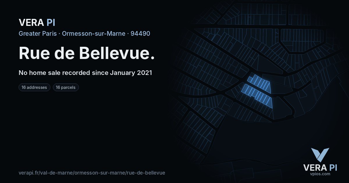 Rue de Bellevue, Ormesson-sur-Marne at night – every parcel coloured by the prices around it, the street's own parcels lit