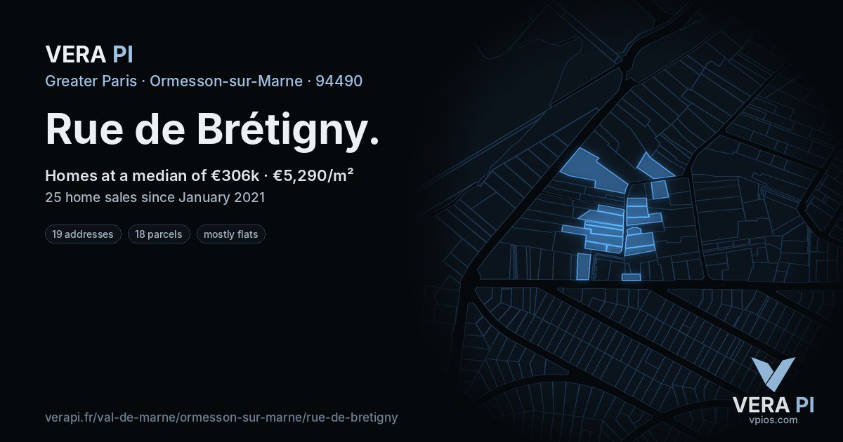 Rue de Brétigny, Ormesson-sur-Marne at night – every parcel coloured by the prices around it, the street's own parcels lit