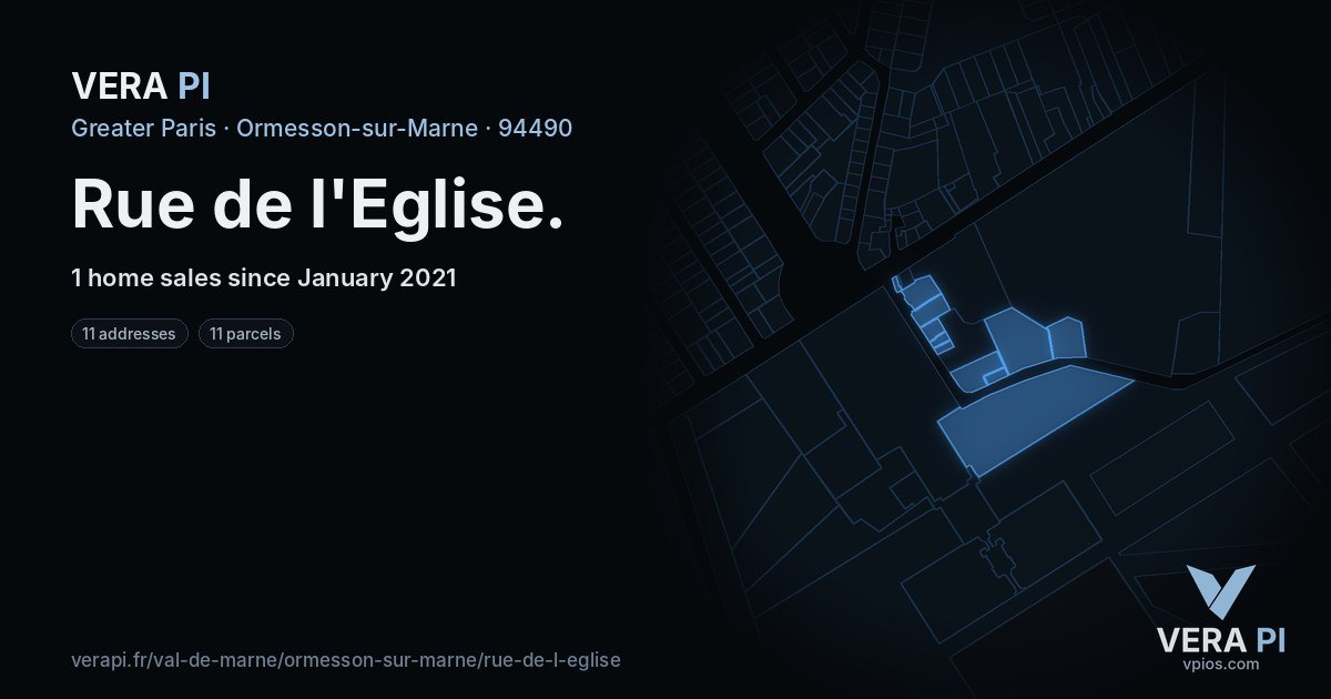 Rue de l'Eglise, Ormesson-sur-Marne at night – every parcel coloured by the prices around it, the street's own parcels lit