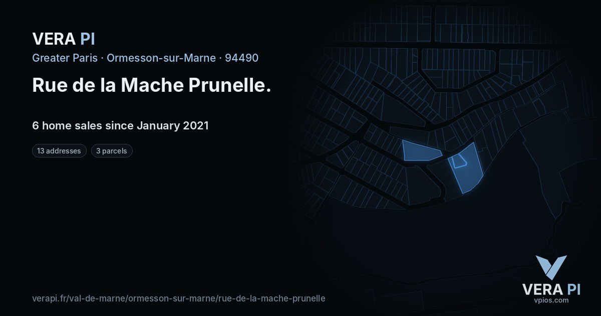 Rue de la Mache Prunelle, Ormesson-sur-Marne at night – every parcel coloured by the prices around it, the street's own parcels lit