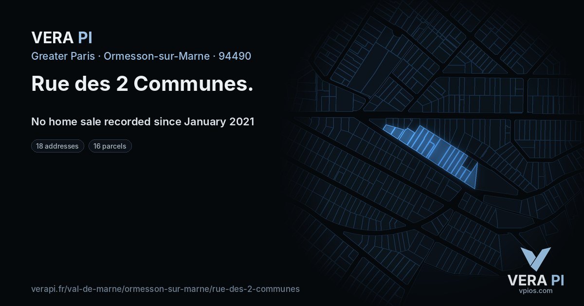 Rue des 2 Communes, Ormesson-sur-Marne at night – every parcel coloured by the prices around it, the street's own parcels lit