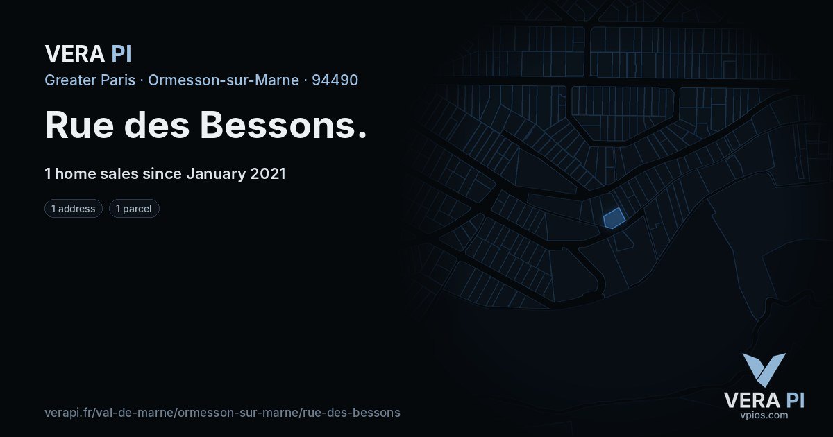 Rue des Bessons, Ormesson-sur-Marne at night – every parcel coloured by the prices around it, the street's own parcels lit