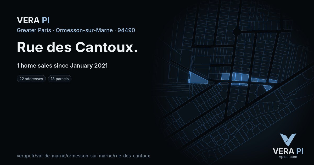 Rue des Cantoux, Ormesson-sur-Marne at night – every parcel coloured by the prices around it, the street's own parcels lit