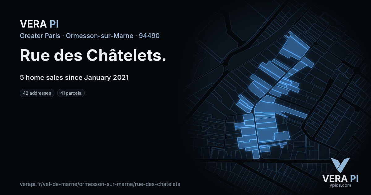 Rue des Châtelets, Ormesson-sur-Marne at night – every parcel coloured by the prices around it, the street's own parcels lit