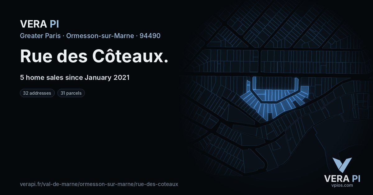 Rue des Côteaux, Ormesson-sur-Marne at night – every parcel coloured by the prices around it, the street's own parcels lit