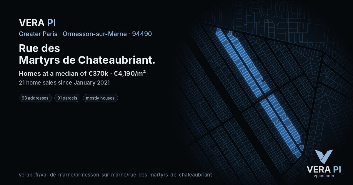 Rue des Martyrs de Chateaubriant, Ormesson-sur-Marne at night – every parcel coloured by the prices around it, the street's own parcels lit