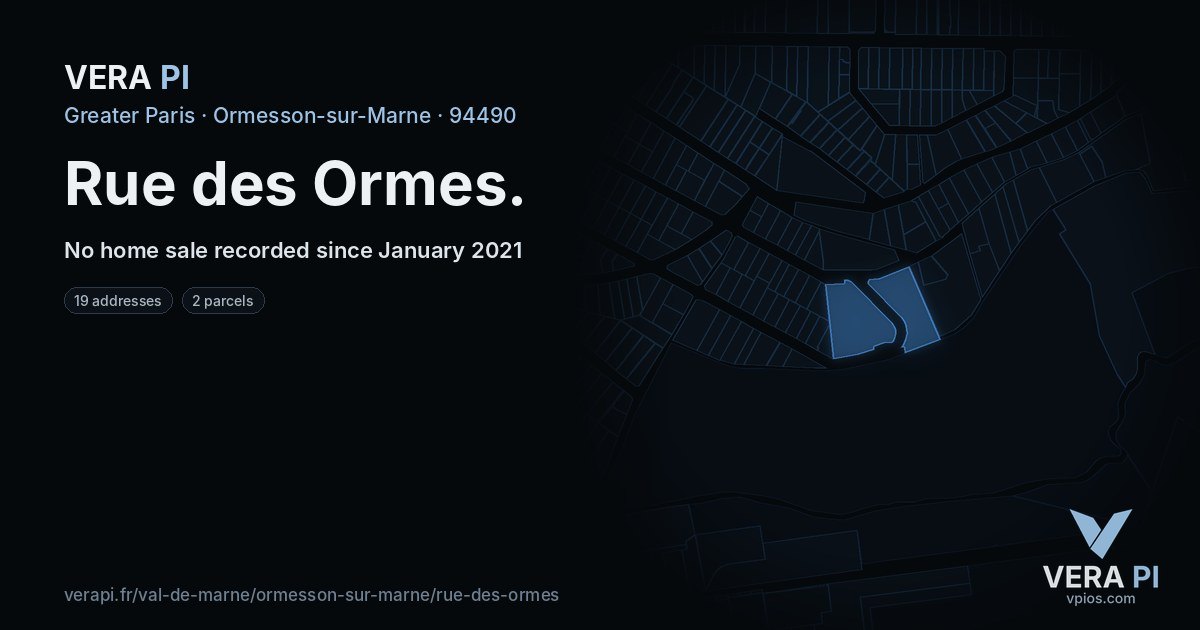 Rue des Ormes, Ormesson-sur-Marne at night – every parcel coloured by the prices around it, the street's own parcels lit