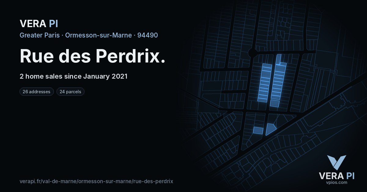 Rue des Perdrix, Ormesson-sur-Marne at night – every parcel coloured by the prices around it, the street's own parcels lit