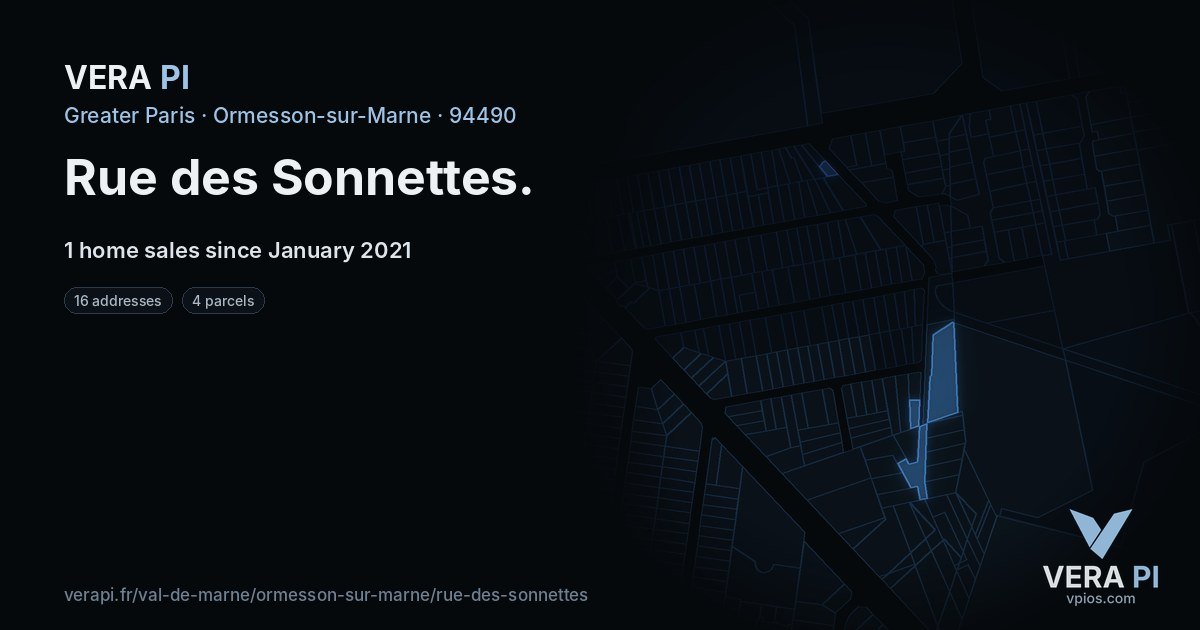 Rue des Sonnettes, Ormesson-sur-Marne at night – every parcel coloured by the prices around it, the street's own parcels lit