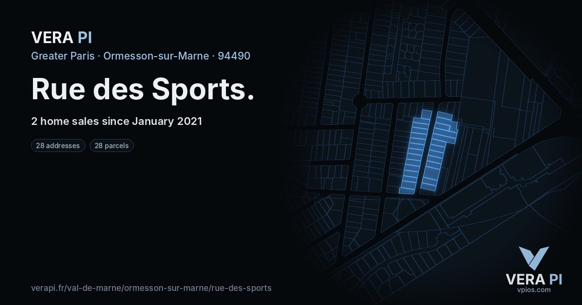 Rue des Sports, Ormesson-sur-Marne at night – every parcel coloured by the prices around it, the street's own parcels lit