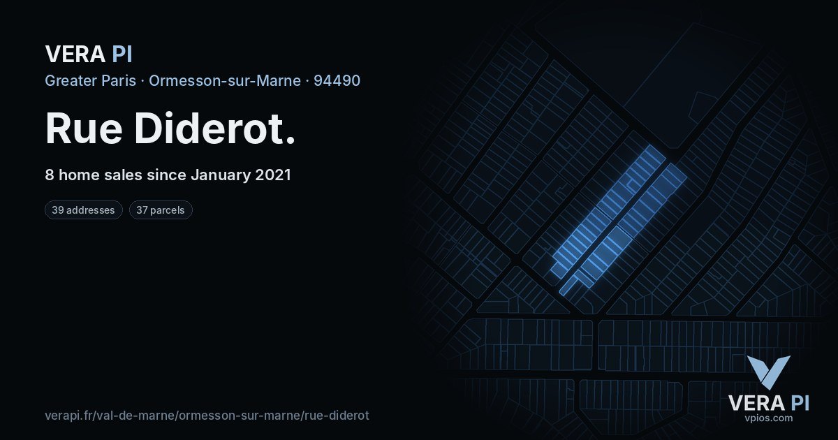 Rue Diderot, Ormesson-sur-Marne at night – every parcel coloured by the prices around it, the street's own parcels lit