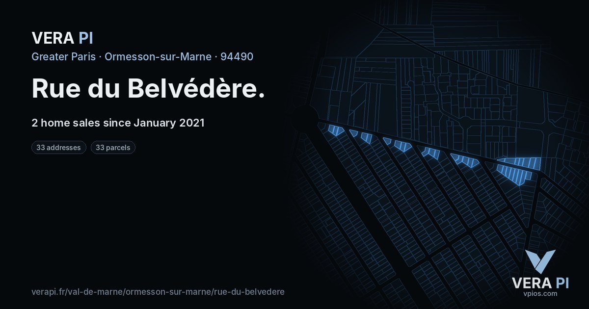 Rue du Belvédère, Ormesson-sur-Marne at night – every parcel coloured by the prices around it, the street's own parcels lit
