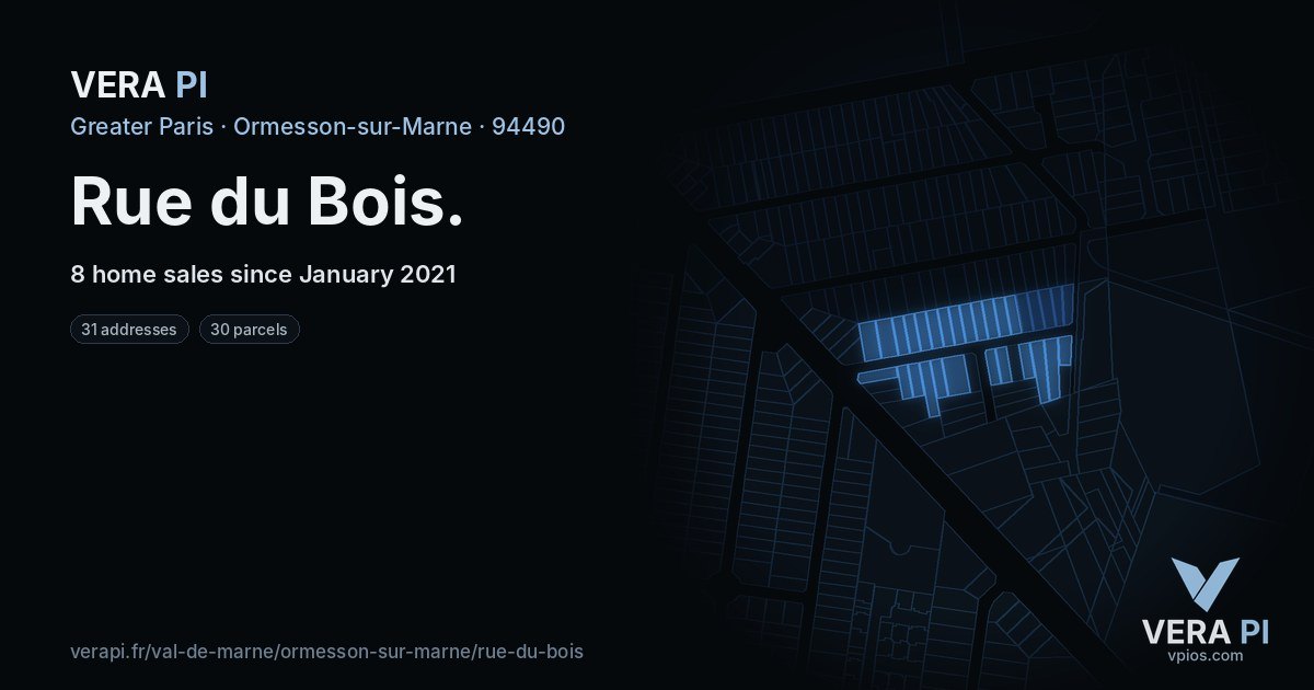 Rue du Bois, Ormesson-sur-Marne at night – every parcel coloured by the prices around it, the street's own parcels lit