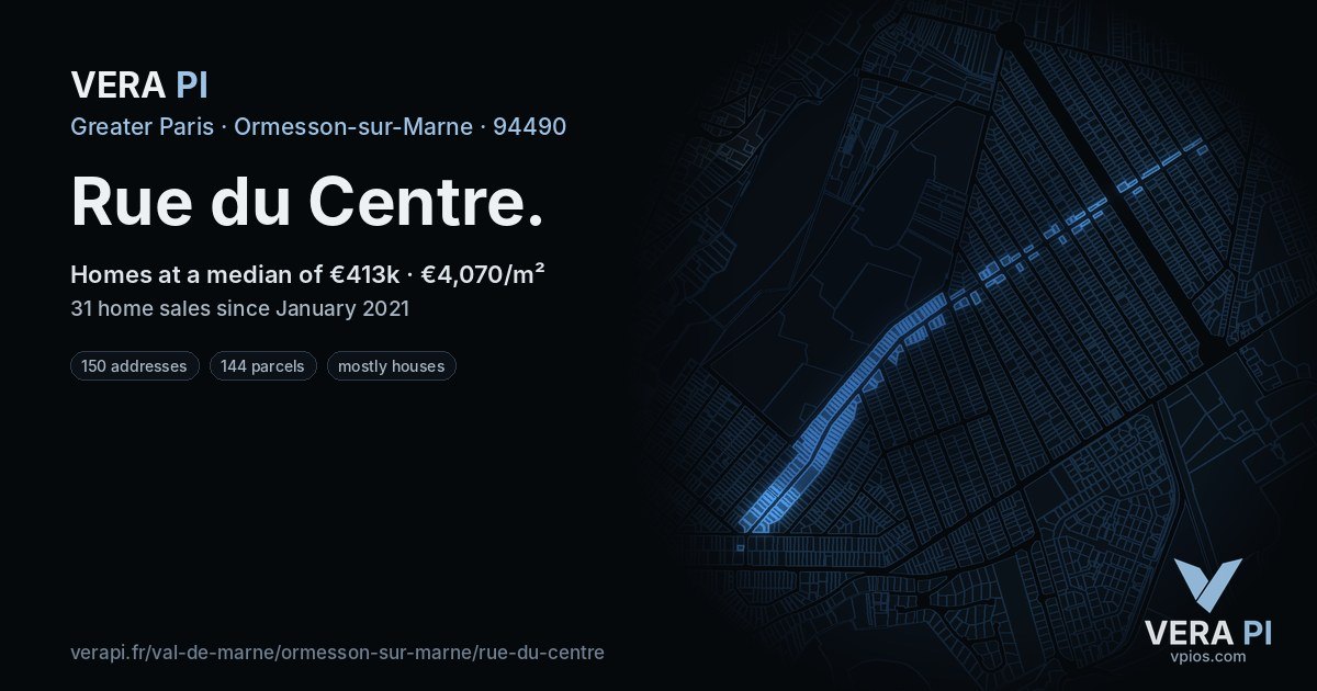 Rue du Centre, Ormesson-sur-Marne at night – every parcel coloured by the prices around it, the street's own parcels lit