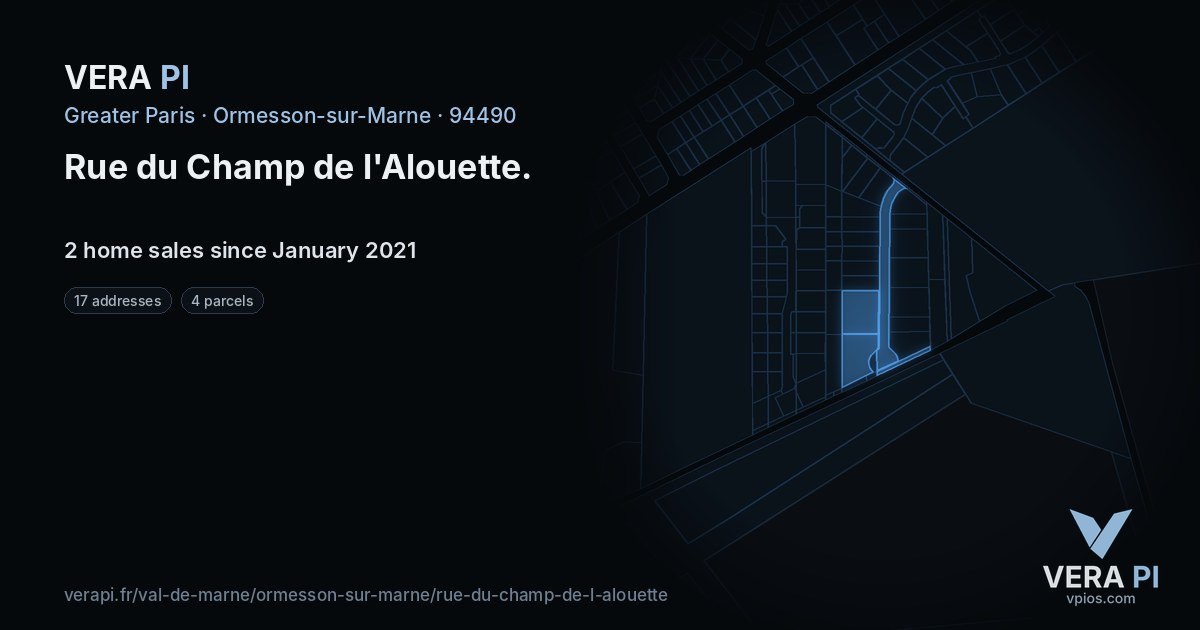 Rue du Champ de l'Alouette, Ormesson-sur-Marne at night – every parcel coloured by the prices around it, the street's own parcels lit