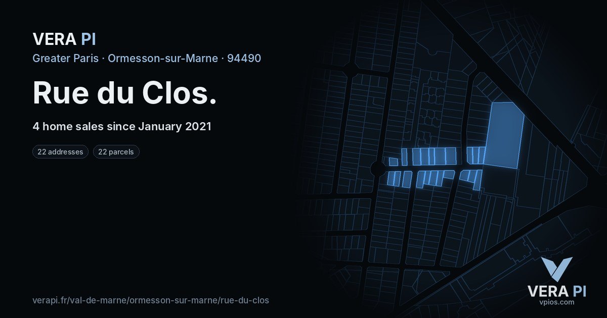 Rue du Clos, Ormesson-sur-Marne at night – every parcel coloured by the prices around it, the street's own parcels lit