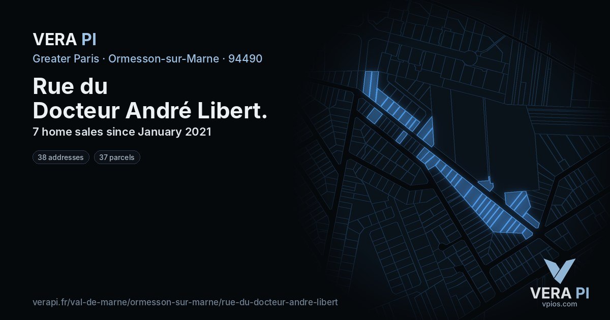 Rue du Docteur André Libert, Ormesson-sur-Marne at night – every parcel coloured by the prices around it, the street's own parcels lit