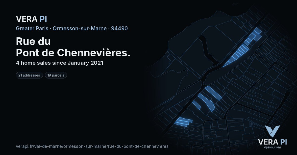 Rue du Pont de Chennevières, Ormesson-sur-Marne at night – every parcel coloured by the prices around it, the street's own parcels lit
