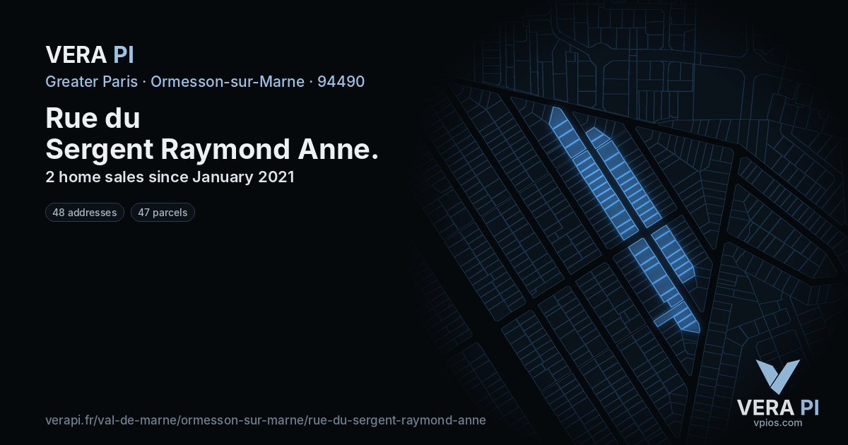 Rue du Sergent Raymond Anne, Ormesson-sur-Marne at night – every parcel coloured by the prices around it, the street's own parcels lit