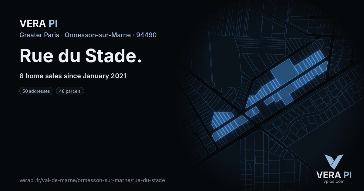 Rue du Stade, Ormesson-sur-Marne at night – every parcel coloured by the prices around it, the street's own parcels lit