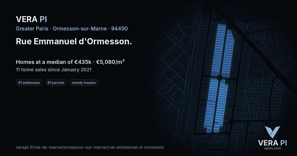 Rue Emmanuel d'Ormesson, Ormesson-sur-Marne at night – every parcel coloured by the prices around it, the street's own parcels lit