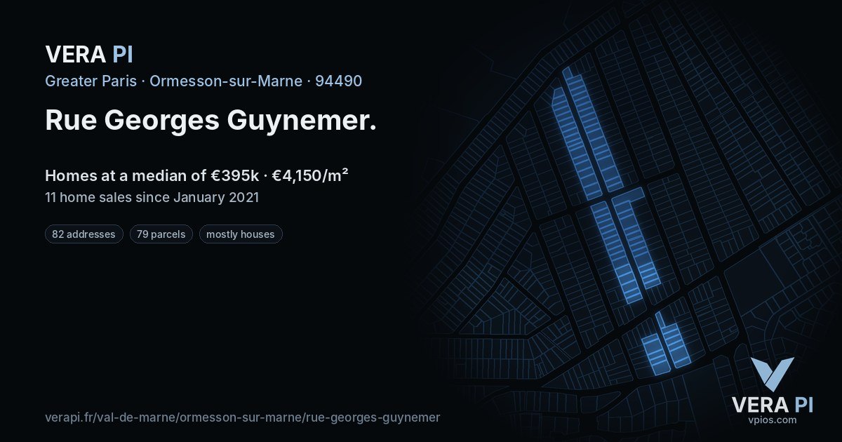 Rue Georges Guynemer, Ormesson-sur-Marne at night – every parcel coloured by the prices around it, the street's own parcels lit