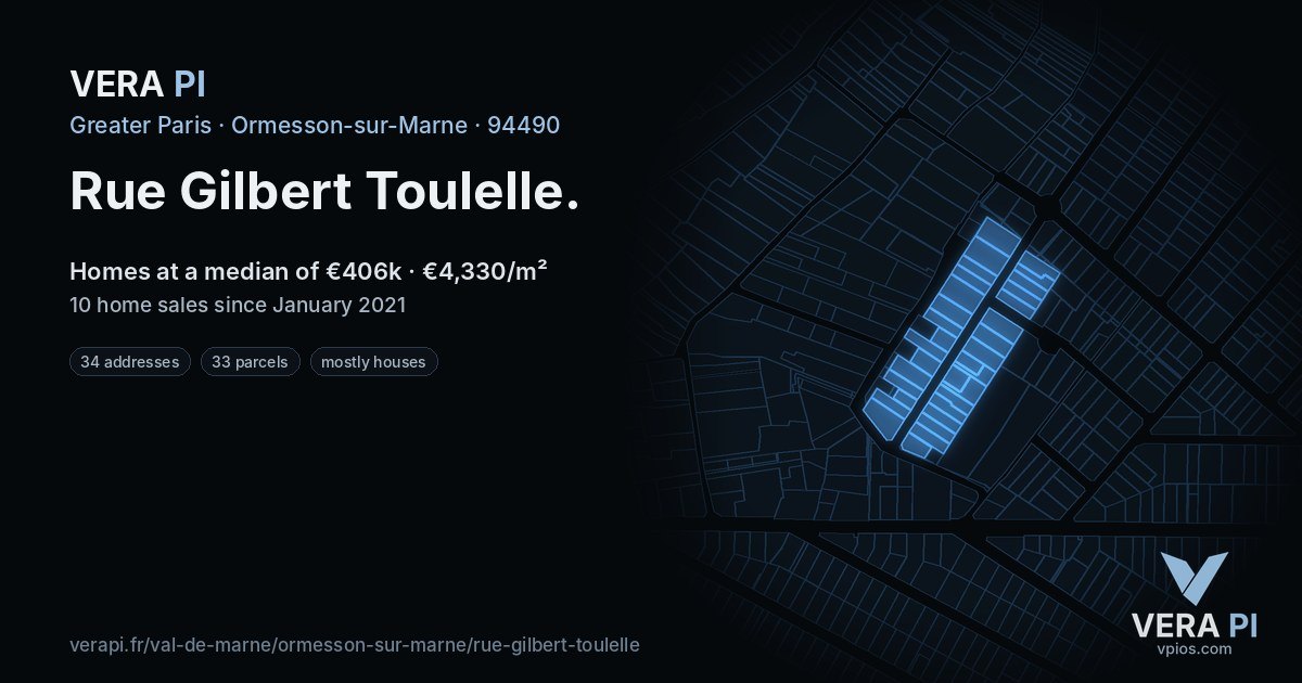 Rue Gilbert Toulelle, Ormesson-sur-Marne at night – every parcel coloured by the prices around it, the street's own parcels lit