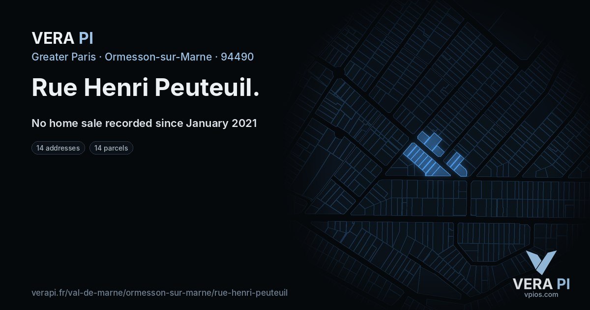 Rue Henri Peuteuil, Ormesson-sur-Marne at night – every parcel coloured by the prices around it, the street's own parcels lit