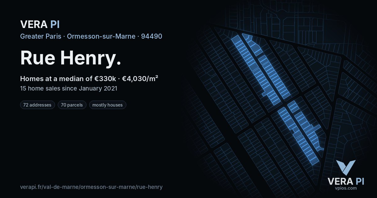 Rue Henry, Ormesson-sur-Marne at night – every parcel coloured by the prices around it, the street's own parcels lit