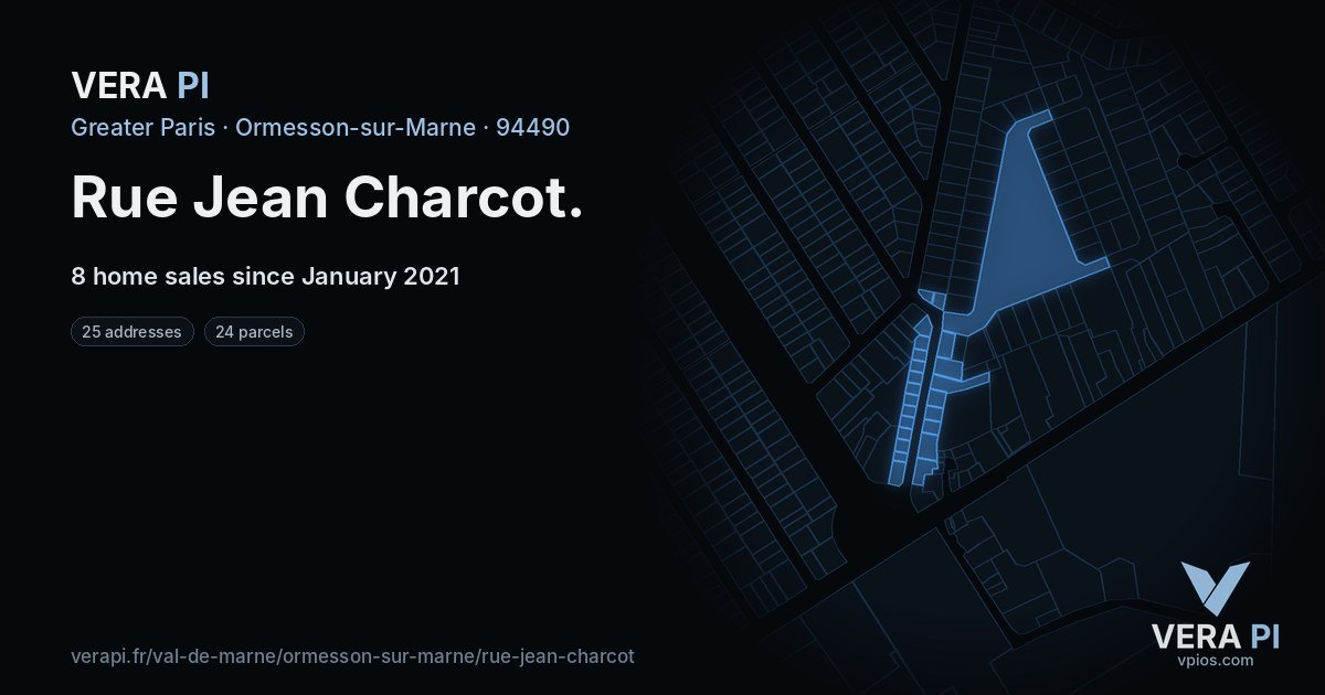 Rue Jean Charcot, Ormesson-sur-Marne at night – every parcel coloured by the prices around it, the street's own parcels lit