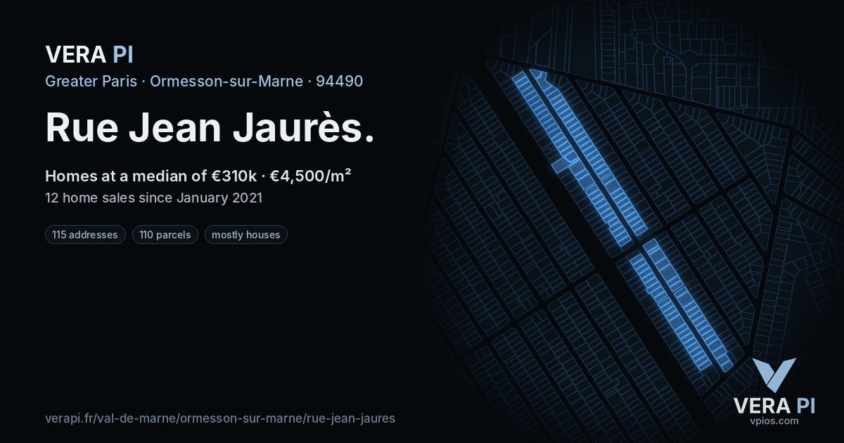 Rue Jean Jaurès, Ormesson-sur-Marne at night – every parcel coloured by the prices around it, the street's own parcels lit