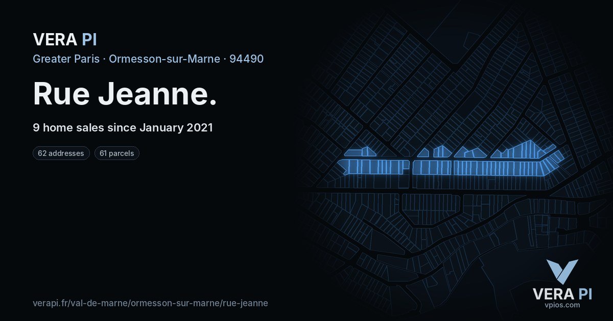 Rue Jeanne, Ormesson-sur-Marne at night – every parcel coloured by the prices around it, the street's own parcels lit
