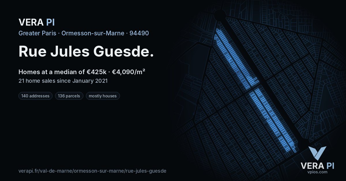 Rue Jules Guesde, Ormesson-sur-Marne at night – every parcel coloured by the prices around it, the street's own parcels lit