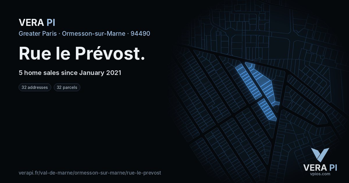 Rue le Prévost, Ormesson-sur-Marne at night – every parcel coloured by the prices around it, the street's own parcels lit