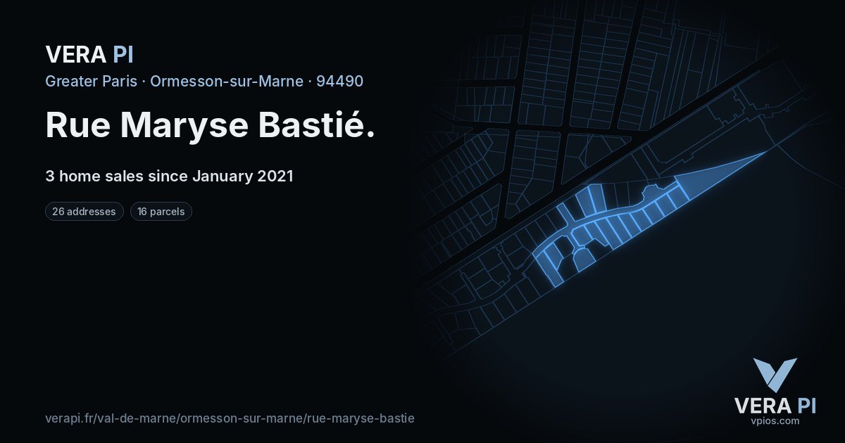Rue Maryse Bastié, Ormesson-sur-Marne at night – every parcel coloured by the prices around it, the street's own parcels lit