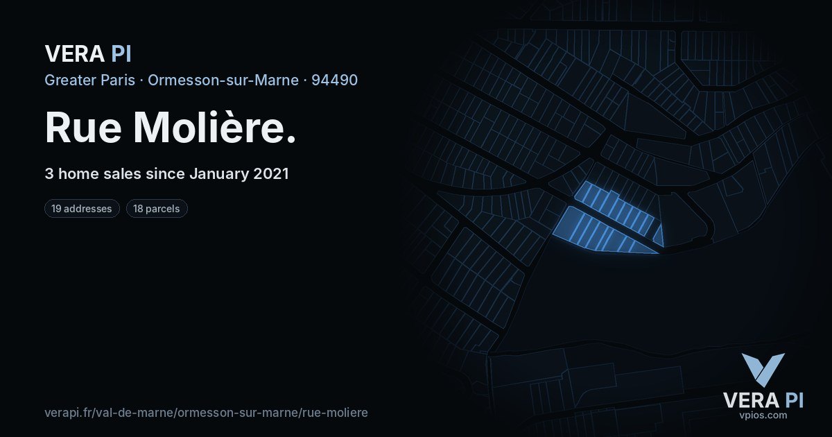 Rue Molière, Ormesson-sur-Marne at night – every parcel coloured by the prices around it, the street's own parcels lit