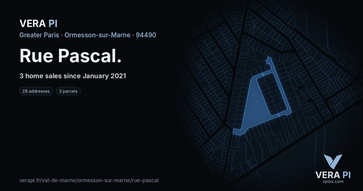 Rue Pascal, Ormesson-sur-Marne at night – every parcel coloured by the prices around it, the street's own parcels lit