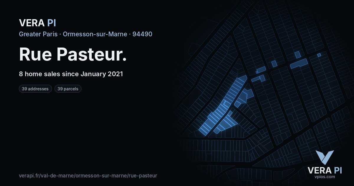 Rue Pasteur, Ormesson-sur-Marne at night – every parcel coloured by the prices around it, the street's own parcels lit