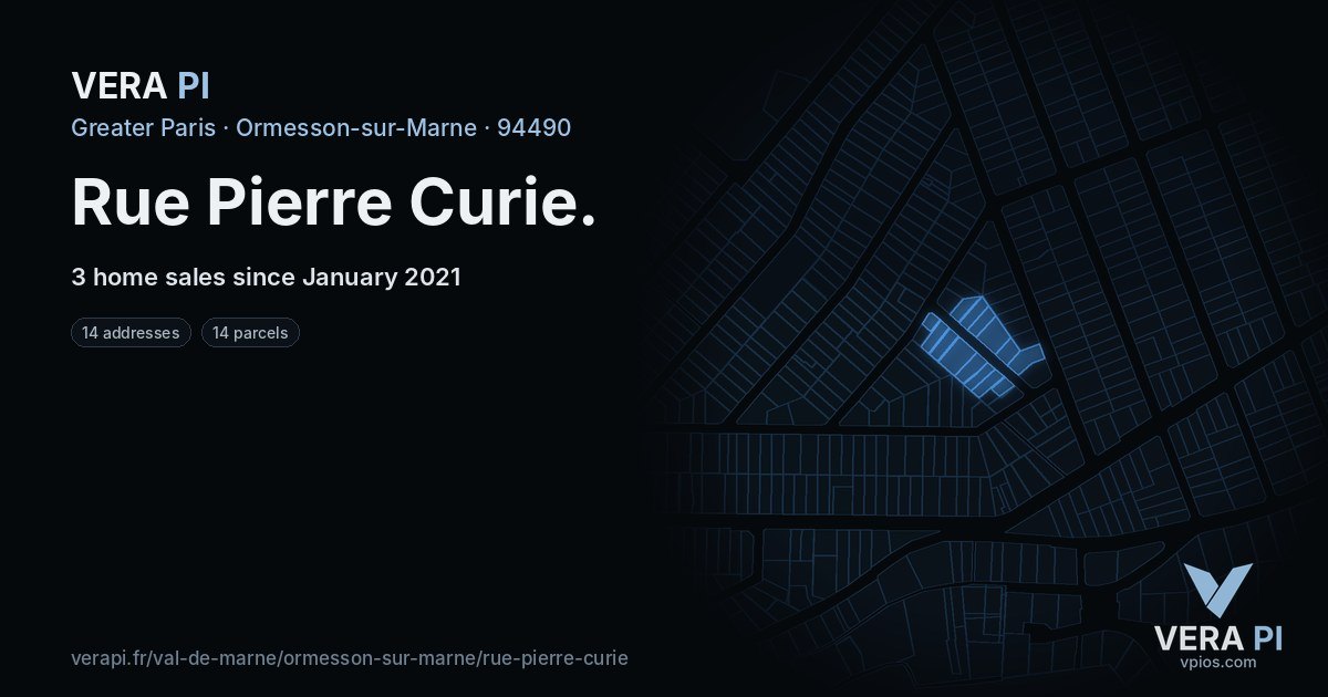 Rue Pierre Curie, Ormesson-sur-Marne at night – every parcel coloured by the prices around it, the street's own parcels lit