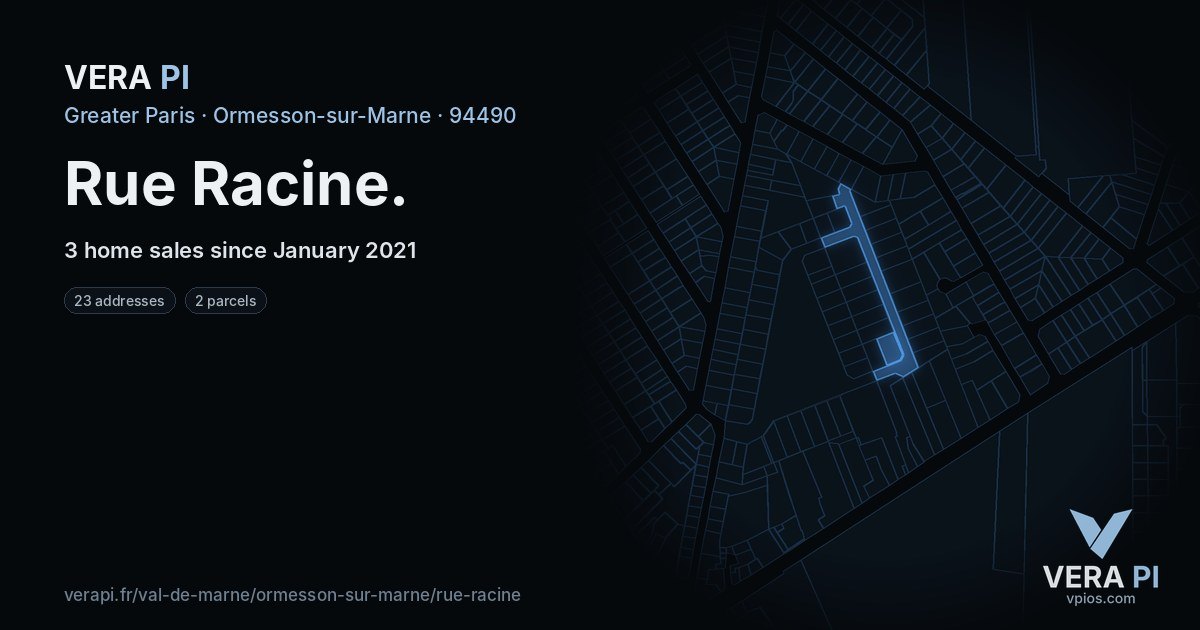 Rue Racine, Ormesson-sur-Marne at night – every parcel coloured by the prices around it, the street's own parcels lit