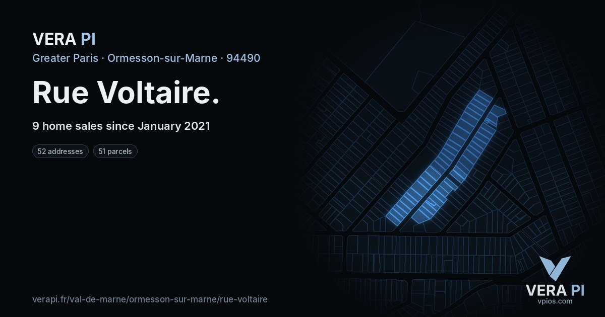 Rue Voltaire, Ormesson-sur-Marne at night – every parcel coloured by the prices around it, the street's own parcels lit