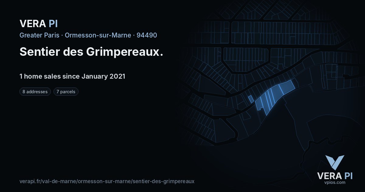 Sentier des Grimpereaux, Ormesson-sur-Marne at night – every parcel coloured by the prices around it, the street's own parcels lit