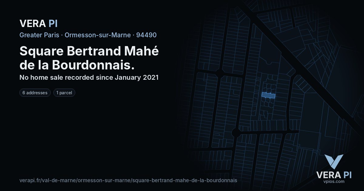 Square Bertrand Mahé de la Bourdonnais, Ormesson-sur-Marne at night – every parcel coloured by the prices around it, the street's own parcels lit