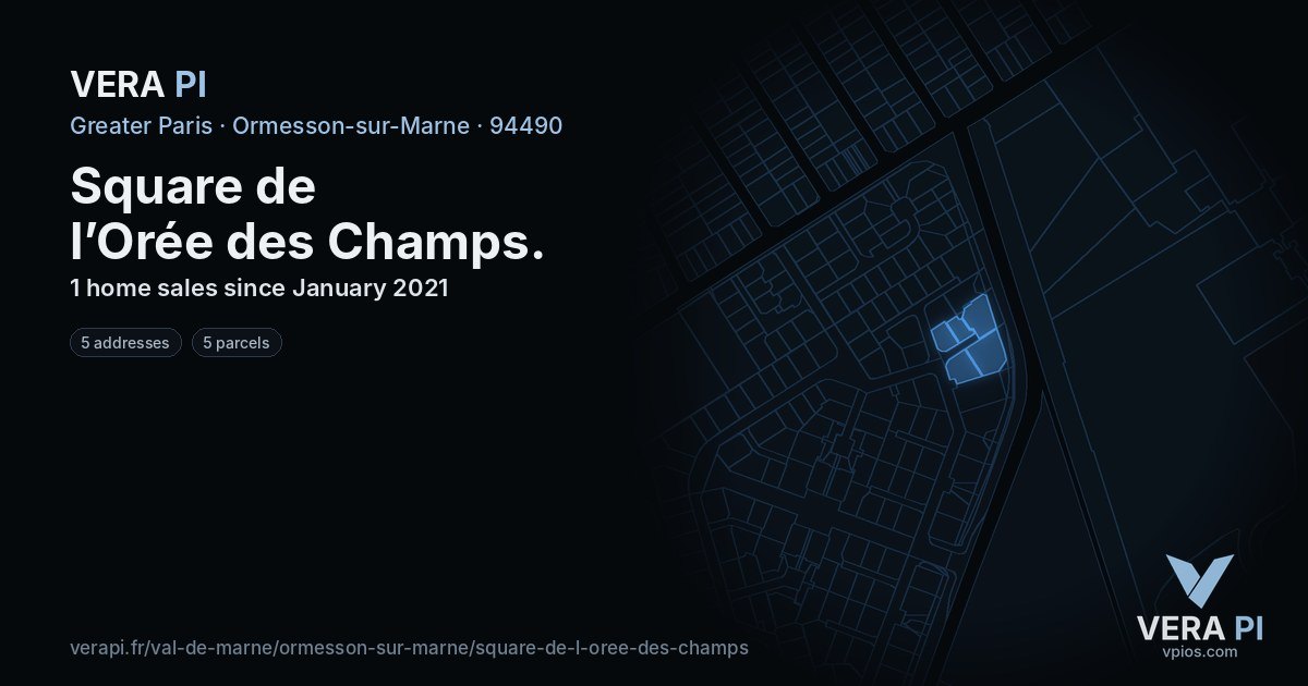 Square de l’Orée des Champs, Ormesson-sur-Marne at night – every parcel coloured by the prices around it, the street's own parcels lit